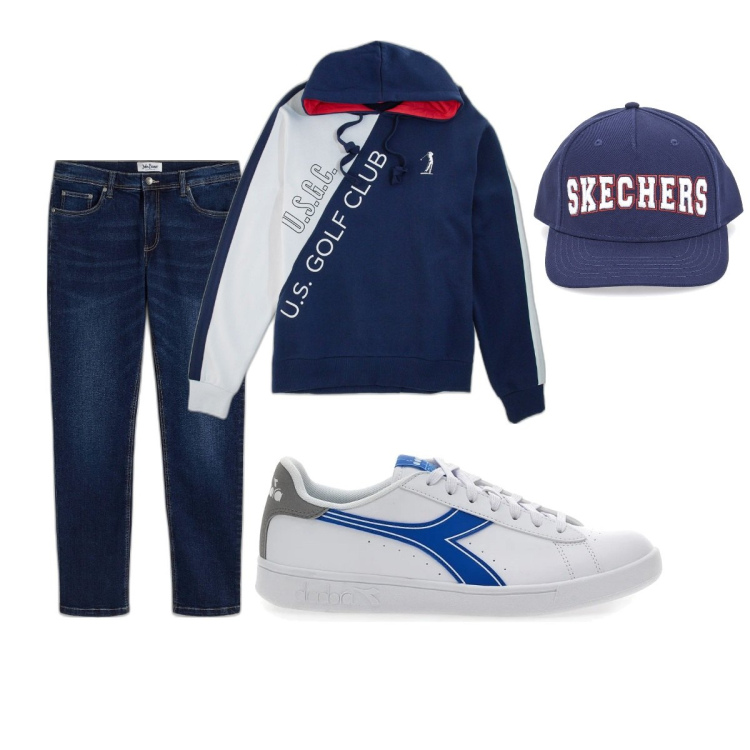 Outfit uomo - Total look #2063274. Stile Casual per Tutti i giorni. Abbinamento con jeans dritti, cappelli, sneakers, felpe.