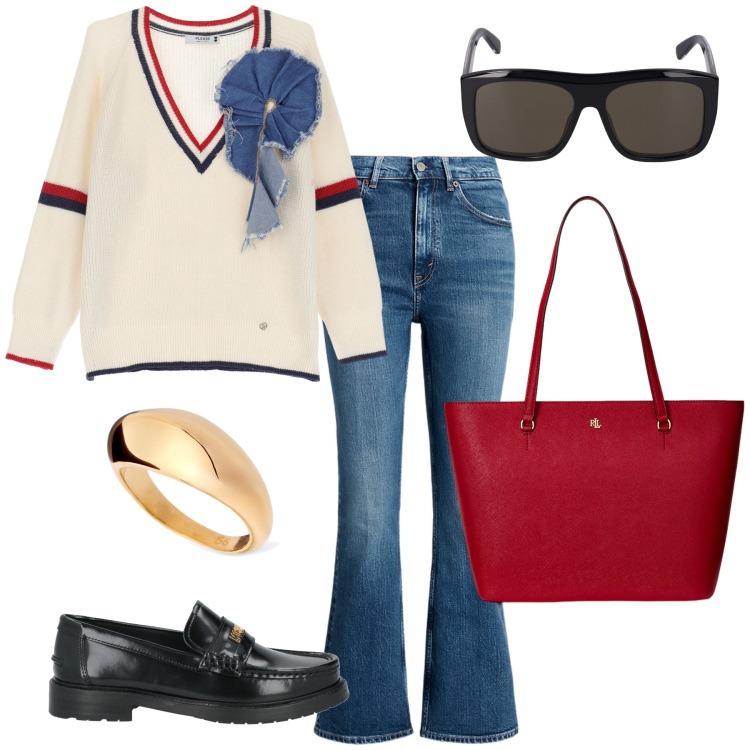 Outfit donna - In giro col sole. Stile Casual per Scuola/Università. Abbinamento con mocassini, maglieria, borse tote, jeans, anelli, occhiali da sole.