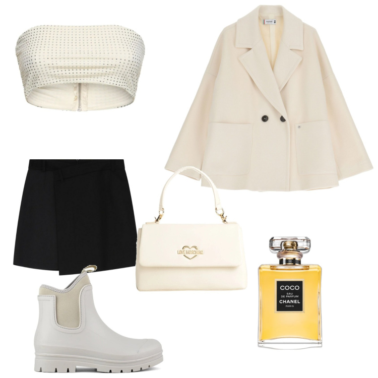 Outfit donna - Serata. Stile Casual per Serata fuori. Abbinamento con borse a mano, profumi, blazer, minigonne, stivali, top.