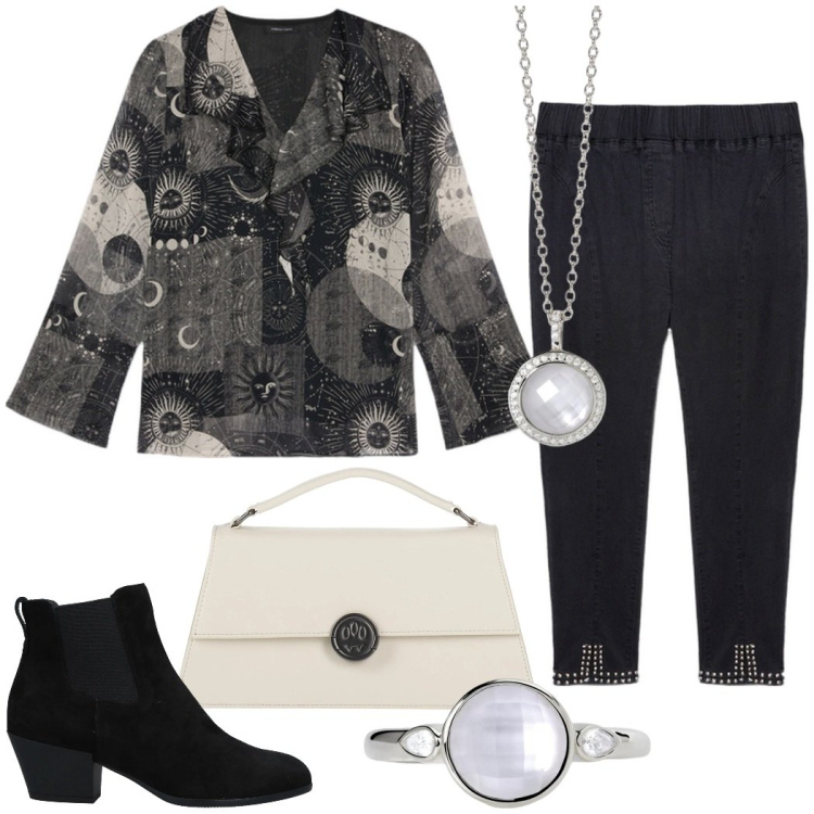 Outfit donna - Sera fuori. Stile Urban per Serata fuori. Abbinamento con stivaletti chelsea, borse a mano, anelli, collane, jeggings, bluse.