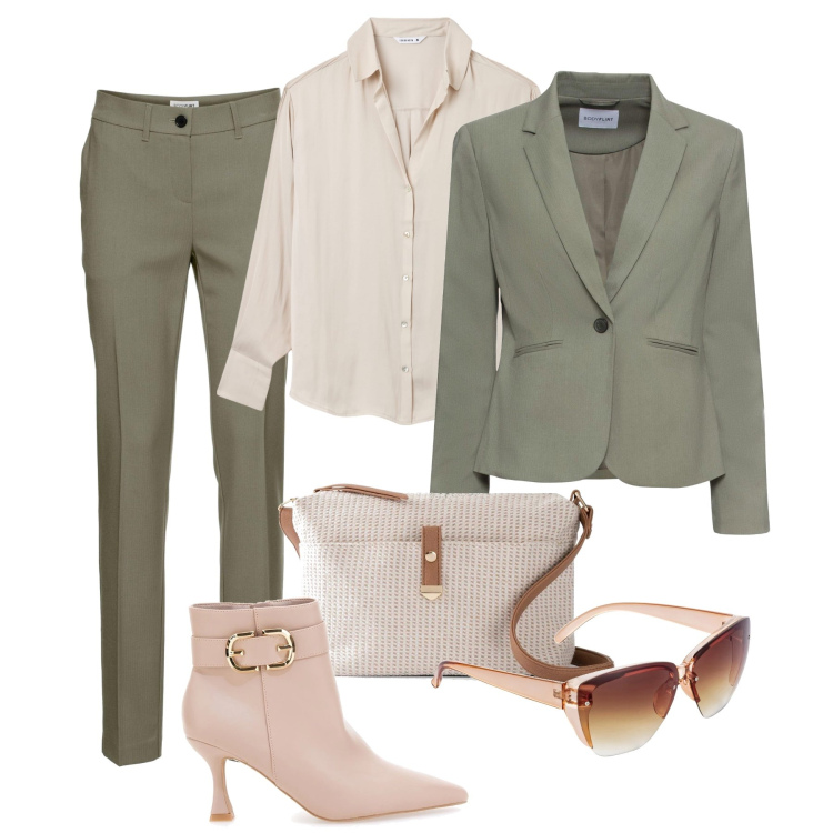 Outfit donna - Aria di primavera in ufficio. Stile Glamour per Ufficio. Abbinamento con blazer, pantaloni, occhiali da sole, borse a tracolla, camicie, stivaletti.