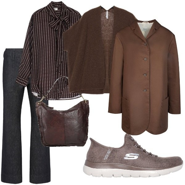 Outfit donna - Total look #2063306. Stile Casual per Ufficio. Abbinamento con borse a spalla, cardigans, camicie, trench, pantaloni, sneakers.