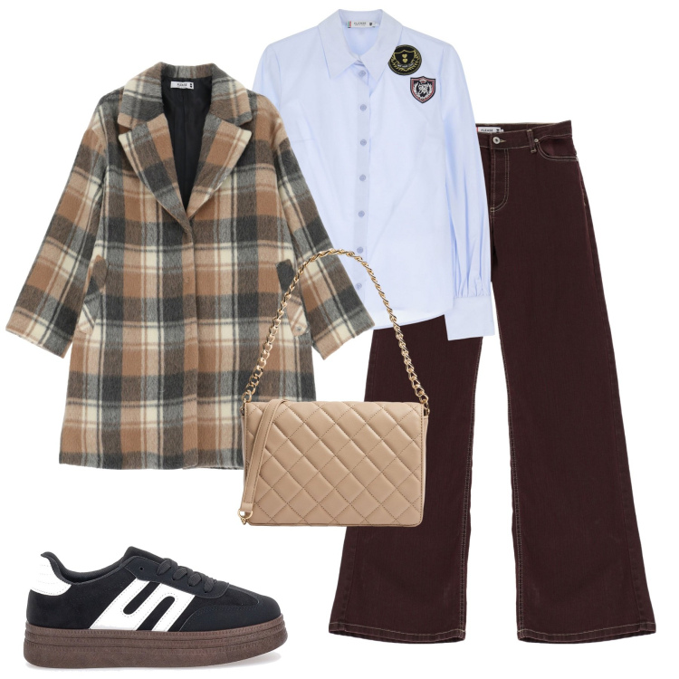 Outfit donna - City. Stile Urban per Tutti i giorni. Abbinamento con borse a tracolla, cappotti, jeans a zampa, camicie, sneakers.