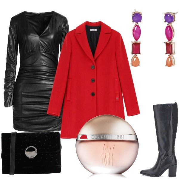 Outfit donna - Serata fuori. Stile Trendy per Serata fuori. Abbinamento con vestiti corti, borse a tracolla, profumi, cappotti, orecchini, stivali sopra il ginocchio.