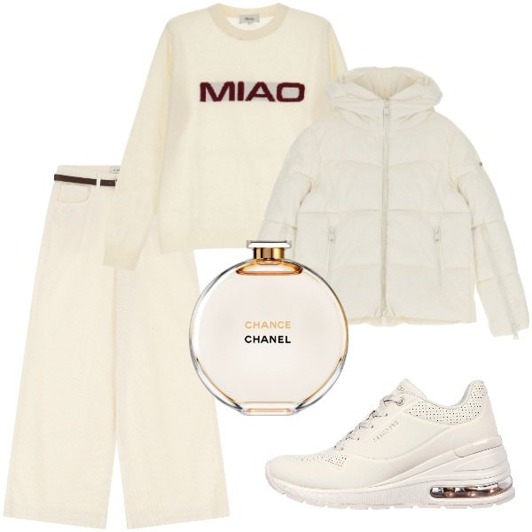 Outfit donna - Domenica mattina. Stile Trendy per Tutti i giorni. Abbinamento con profumi, piumini, maglieria, pantaloni, sneakers.