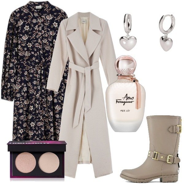 Outfit donna - Domenica mattina. Stile Romantica per Tutti i giorni. Abbinamento con vestiti midi/longuette, ciprie, profumi, orecchini, cappotti, stivali.