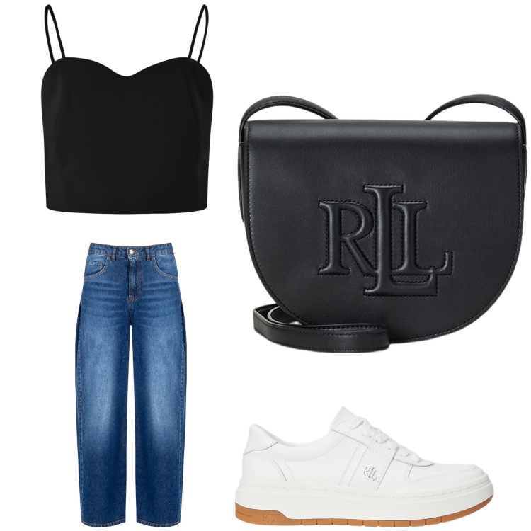 Outfit donna - Aperitivo. Stile Trendy per Tutti i giorni. Abbinamento con jeans, top, sneakers, borse a tracolla.