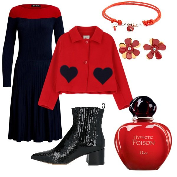 Outfit donna - Serata fuori. Stile Glamour per Serata fuori. Abbinamento con stivaletti chelsea, profumi, blazer, vestiti, braccialetti, orecchini.