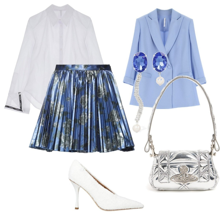 Outfit donna - Blu&silver. Stile Bon Ton per Tutti i giorni. Abbinamento con décolleté, minigonne, blazer, camicie, orecchini, borse a spalla.