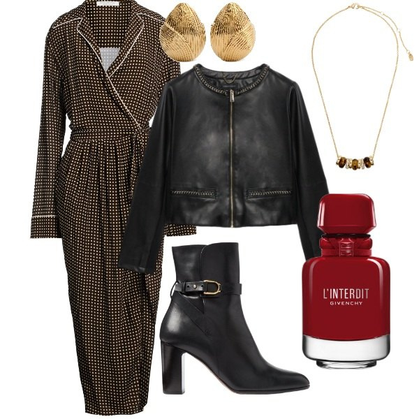 Outfit donna - Serata fuori. Stile Glamour per Serata fuori. Abbinamento con vestiti lunghi, profumi, collane, stivaletti, orecchini, blazer.