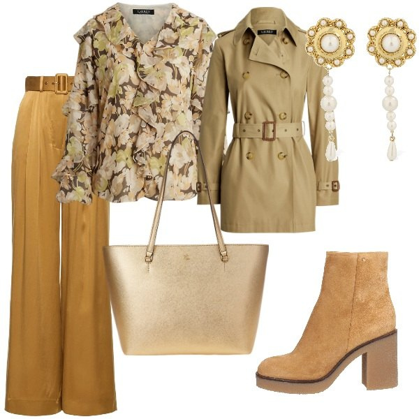 Outfit donna - Aspettando la primavera. Stile Glamour per Tutti i giorni. Abbinamento con stivaletti, trench, borse tote, camicie, orecchini, pantaloni.