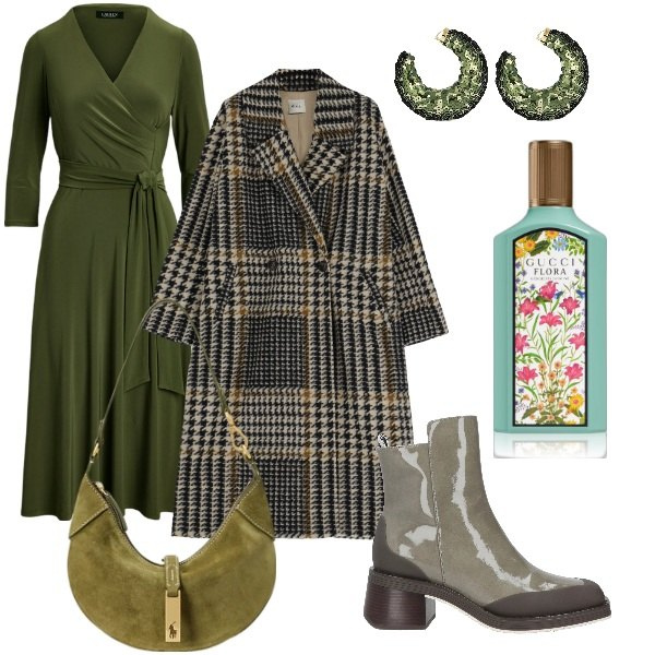Outfit donna - Serata fuori. Stile Glamour per Serata fuori. Abbinamento con stivaletti, profumi, cappotti, borse a spalla, vestiti, orecchini.