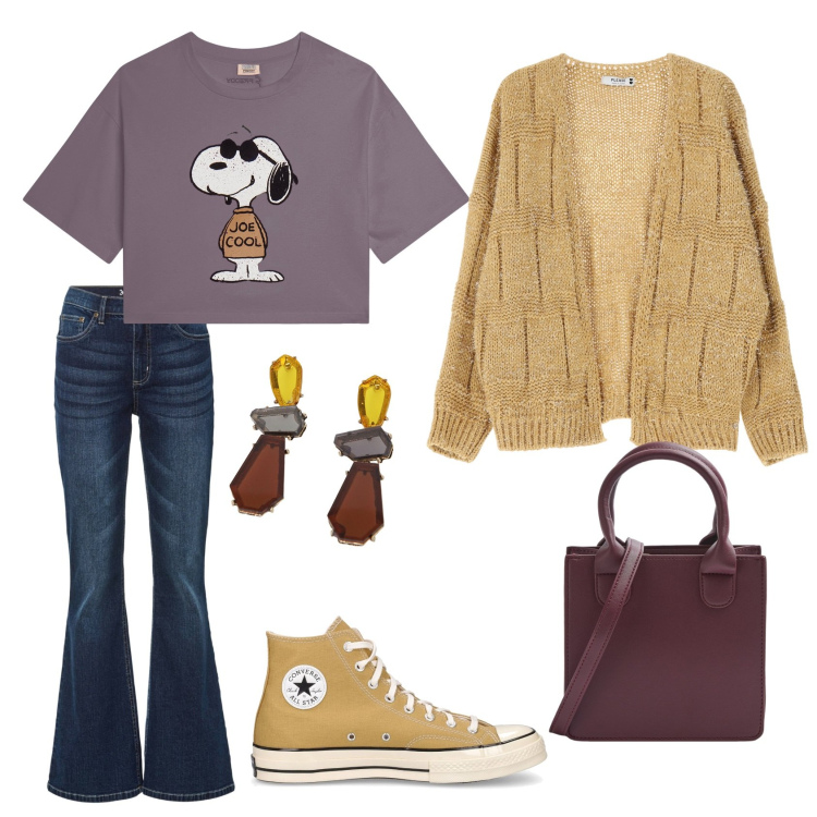 Outfit donna - Chill & Relax. Stile Casual per Tutti i giorni. Abbinamento con jeans a zampa, shopping bag, cardigans, t-shirt, orecchini, sneakers.