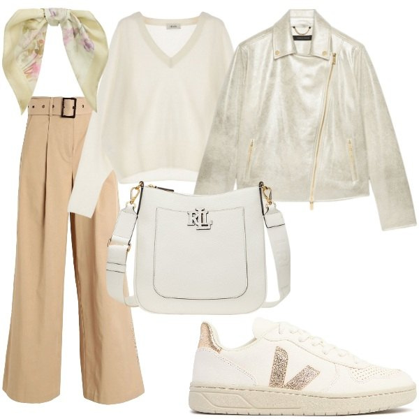 Outfit donna - Pensando alla primavera. Stile Trendy per Tutti i giorni. Abbinamento con pantaloni, pullovers, borse a tracolla, foulard, blazer, sneakers.