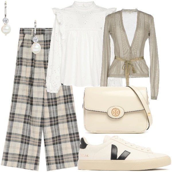 Outfit donna - Pensando alla primavera. Stile Trendy per Tutti i giorni. Abbinamento con cardigans, orecchini, pantaloni, borse a spalla, sneakers, camicie.