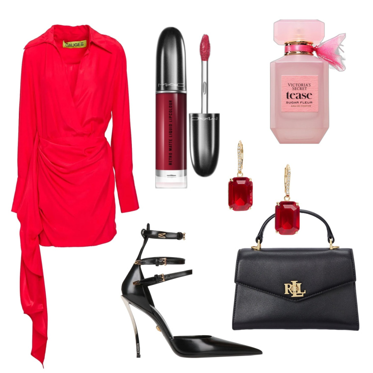 Outfit donna - Red Valentin Passion. Stile Sexy per Serata fuori. Abbinamento con vestiti corti, décolleté, rossetti, profumi, borse a mano, orecchini.