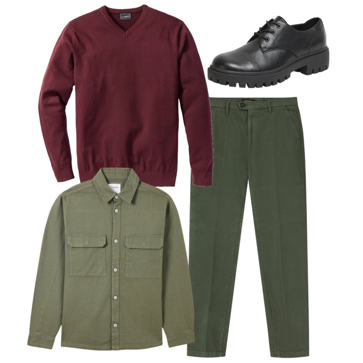 Outfit uomo - City. Stile Casual per Tutti i giorni. Abbinamento con maglieria, cappotti, scarpe stringate, pantaloni chino.