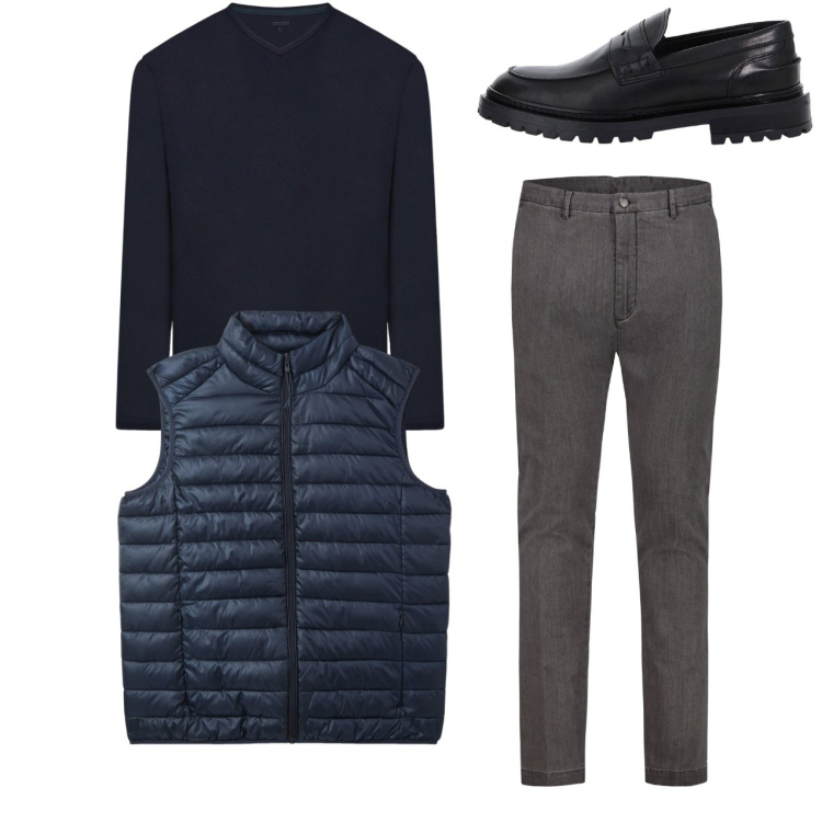 Outfit uomo - City. Stile Casual per Tutti i giorni. Abbinamento con piumini, scarpe stringate, pantaloni, t-shirt.