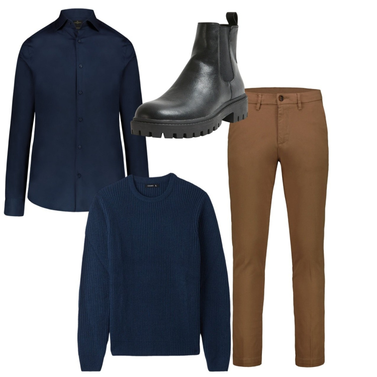 Outfit uomo - City. Stile Casual per Tutti i giorni. Abbinamento con maglieria, stivali e stivaletti, pantaloni chino, camicie.