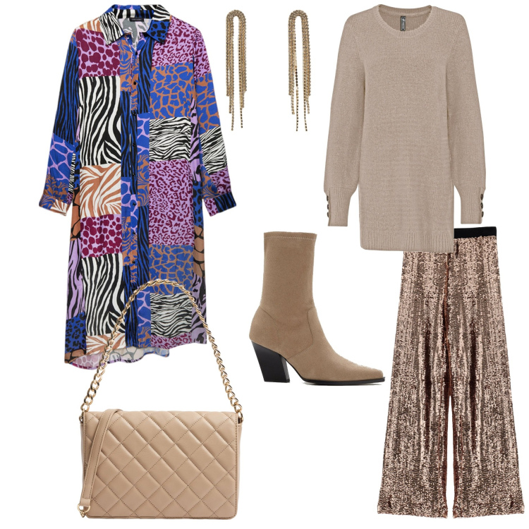 Outfit donna - Aperitivo con amiche. Stile Casual chic per Tutti i giorni. Abbinamento con maglieria, stivaletti, orecchini, borse a tracolla, pantaloni, vestiti chemisier.