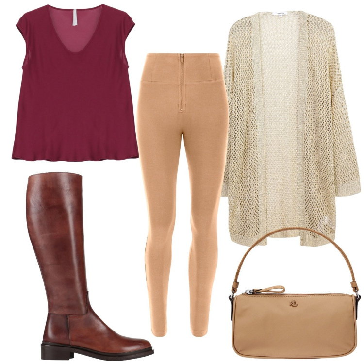 Outfit donna - Total look #2063387. Stile Trendy per Tutti i giorni. Abbinamento con stivali, kimono, top, pantaloni skinny, pochette.