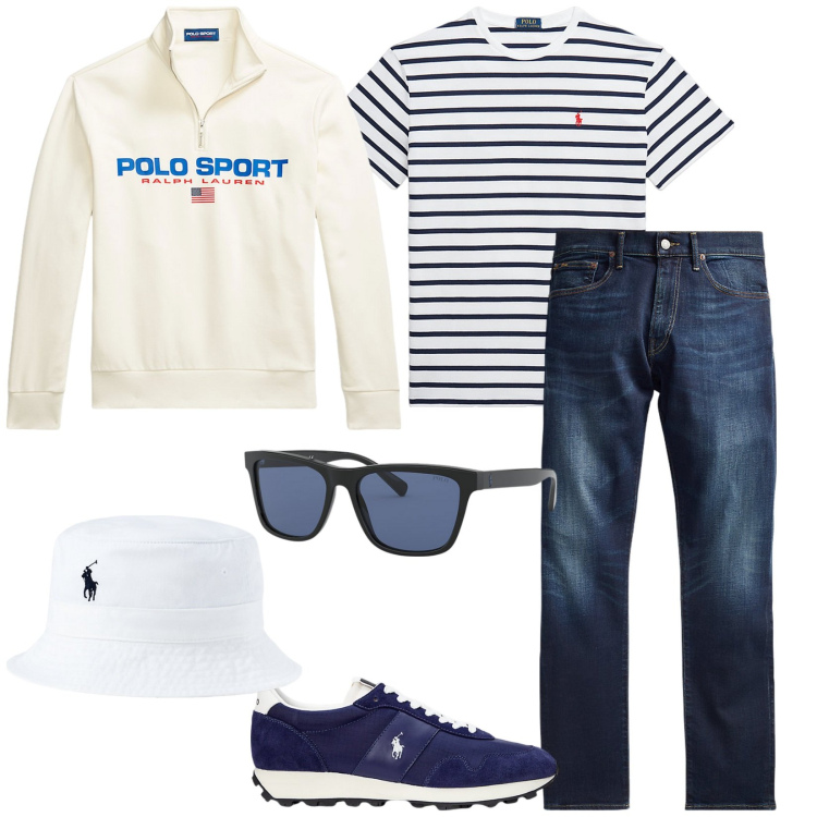 Outfit uomo - Sunny day by the sea. Stile Casual per Tutti i giorni. Abbinamento con jeans, occhiali da sole, cappelli, sneakers, t-shirt, felpe.