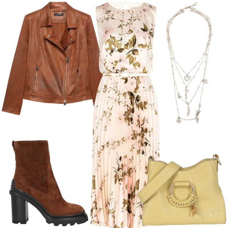 Outfit donna - Romantica biker. Stile Boho per Tutti i giorni. Abbinamento con borse a tracolla, collane, stivaletti, vestiti midi/longuette, blazer.