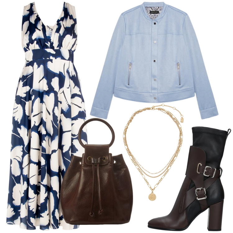 Outfit donna - Boho audace. Stile Boho per Tutti i giorni. Abbinamento con stivaletti, vestiti lunghi, ciondoli, borse a secchiello, blazer.