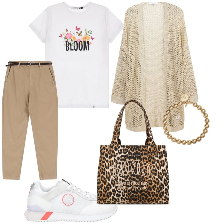 Outfit donna - Buona domenica. per Tutti i giorni. Abbinamento con sneakers, kimono, pantaloni chino, t-shirt, braccialetti, shopping bag.