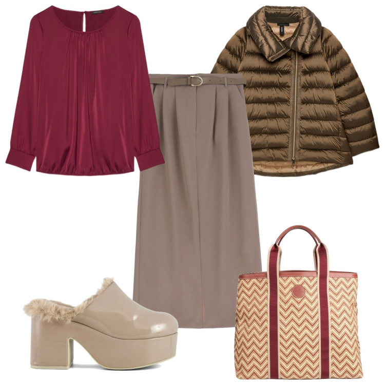 Outfit donna - Total look #2063413. Stile Trendy per Tutti i giorni. Abbinamento con borse a mano, gonne lunghe, sabot, piumini, bluse.