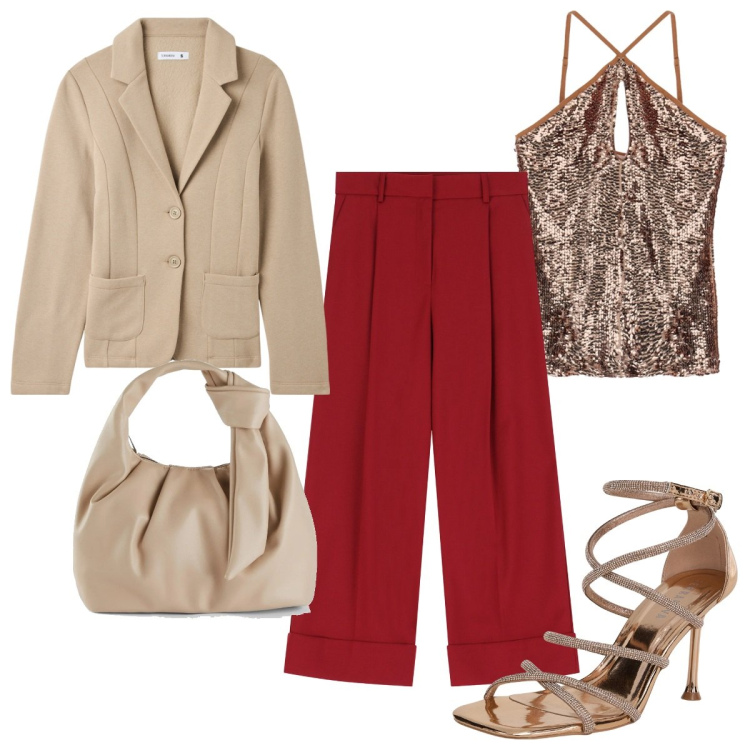 Outfit donna - Total look #2063415. Stile Trendy per Serata fuori. Abbinamento con borse a mano, sandali col tacco, blazer, pantaloni, top.
