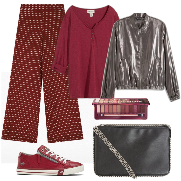 Outfit donna - Il colore della passione. Stile Basic per Tutti i giorni. Abbinamento con sneakers, cardigans, bomber, ombretti, borse a tracolla, pantaloni.