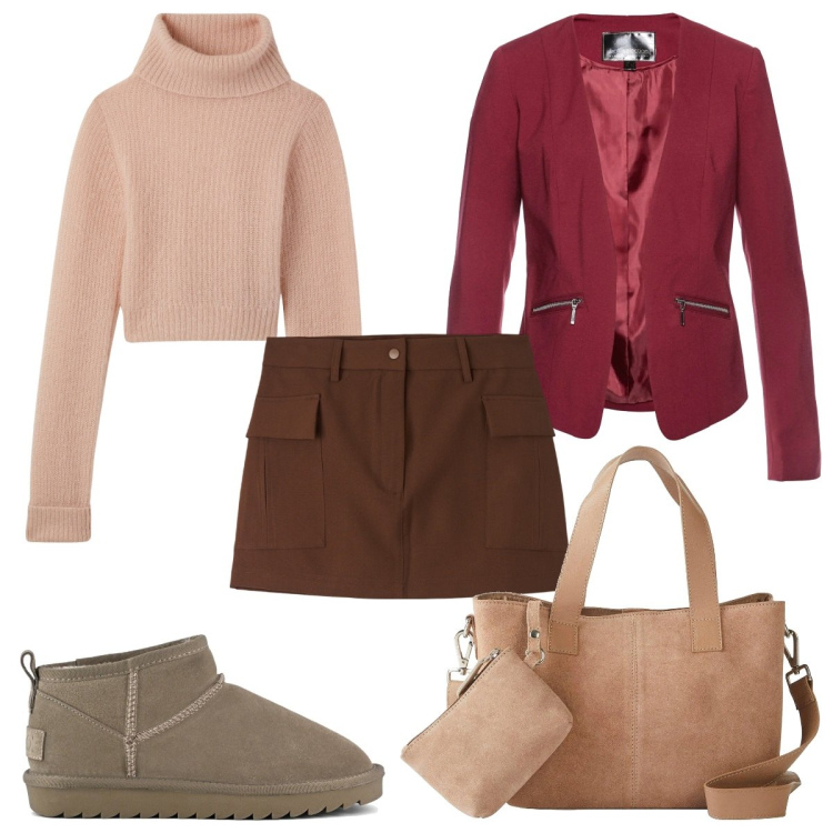 Outfit donna - Total look #2063419. Stile 70s per Tutti i giorni. Abbinamento con blazer, borse a mano, gonne, maglieria, stivali.