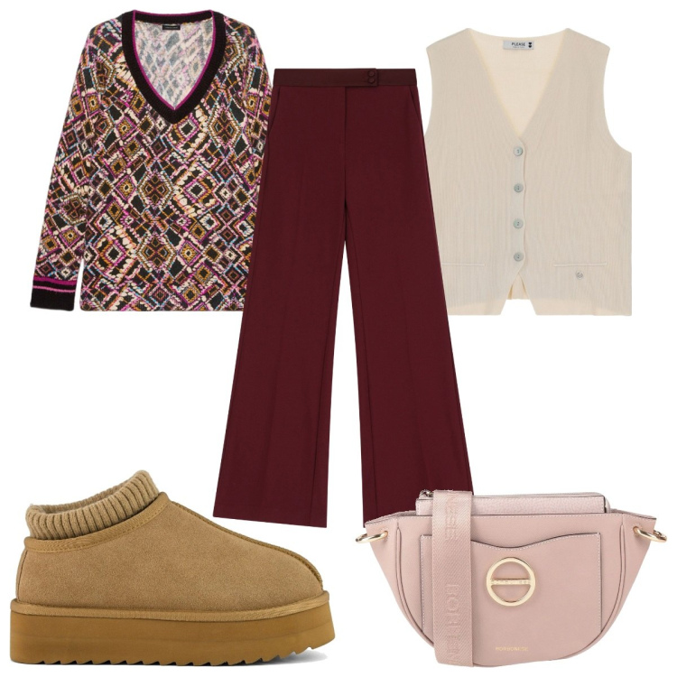 Outfit donna - Total look #2063422. Stile Trendy per Tutti i giorni. Abbinamento con borse a tracolla, gilet, pantaloni, sabot, maglieria.