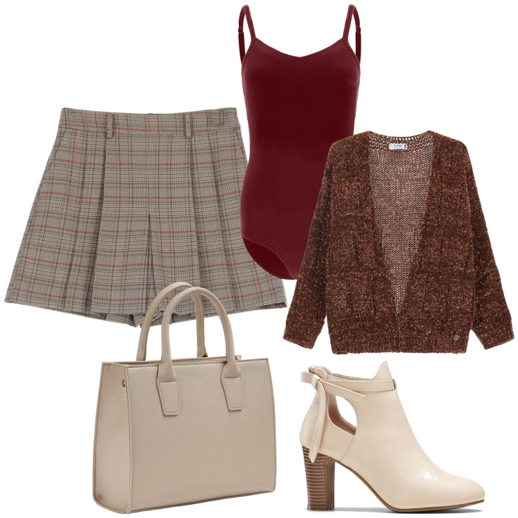 Outfit donna - Passeggiata in centro. Stile Casual chic per Tutti i giorni. Abbinamento con stivaletti, shopping bag, cardigans, gonne, body.