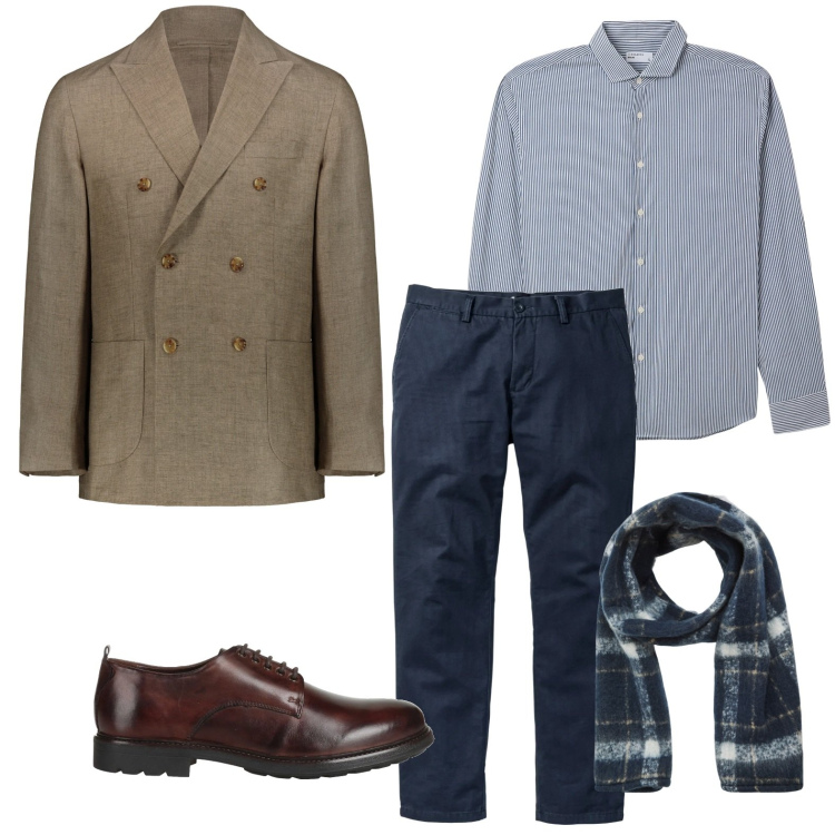 Outfit uomo - Il blazer doppiopetto. Stile Casual per Ufficio. Abbinamento con pantaloni chino, scarpe stringate, sciarpe, camicie, giacche.