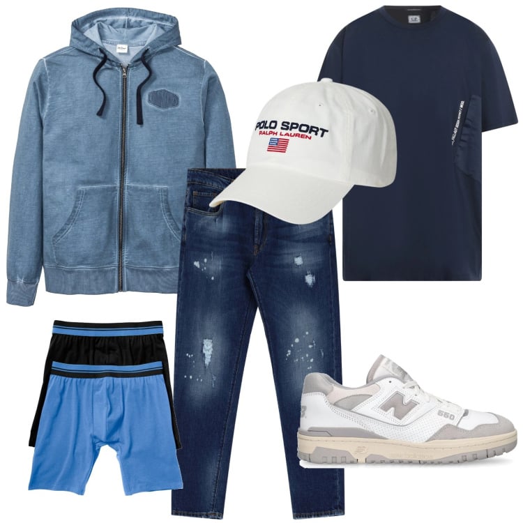 Outfit uomo - Sportivo. Stile Casual per Tutti i giorni. Abbinamento con felpe con cappuccio, boxer, t-shirt, jeans, berretti, sneakers.
