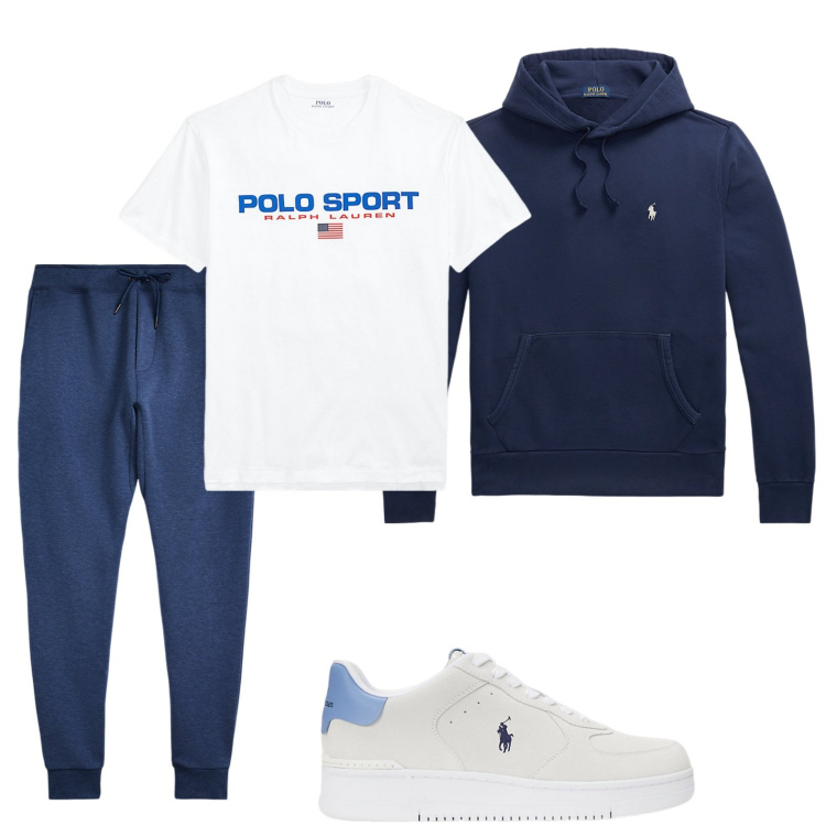 Outfit uomo - Sport in blu. Stile Casual per Sport. Abbinamento con felpe con cappuccio, pantaloni, t-shirt, sneakers.