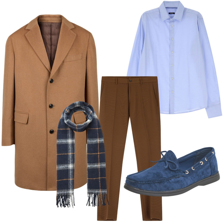 Outfit uomo - Cappottone caramel. Stile Urban per Ufficio. Abbinamento con sciarpe, scarpe stringate, pantaloni, camicie, cappotti.