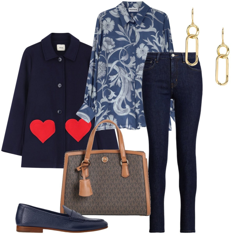 Outfit donna - Molto romantica. Stile Romantica per Tutti i giorni. Abbinamento con borse a mano, camicie, cappotti, jeans skinny, orecchini, mocassini.