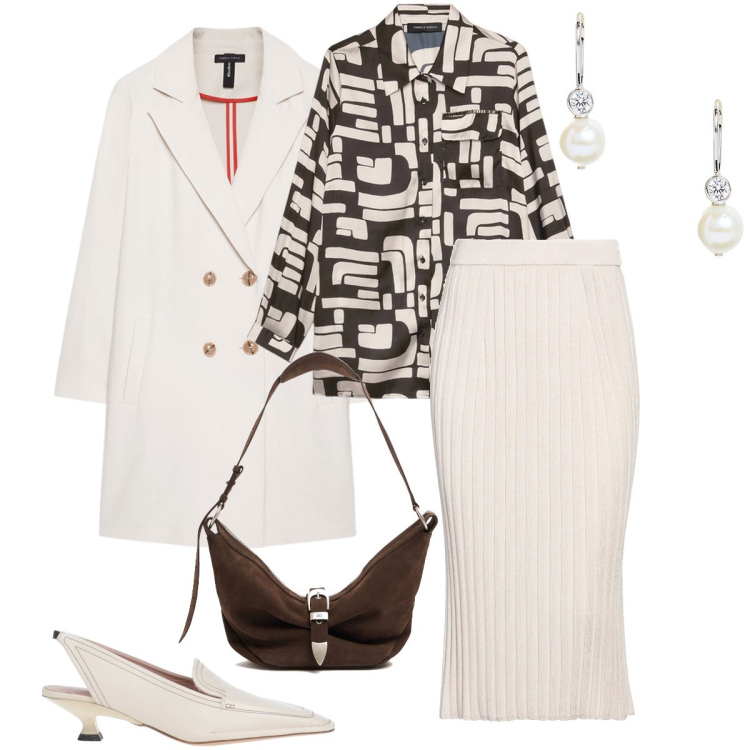 Outfit donna - Evento importante. Stile Chic per Cerimonia. Abbinamento con décolleté, gonne longuette, orecchini, cappotti, camicie, borse a spalla.