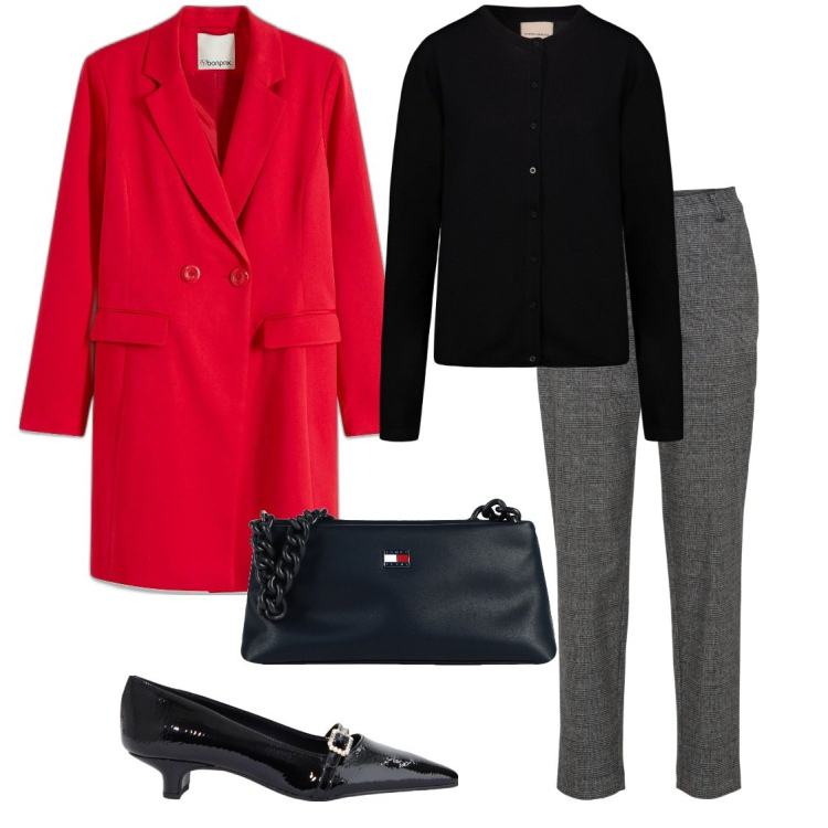 Outfit donna - Cappottino rosso. Stile Casual chic per Ufficio. Abbinamento con pantaloni, blazer, borse a mano, ballerine, cardigans.