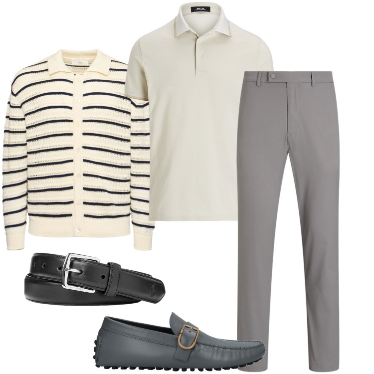 Outfit uomo - In primavera. Stile Business/Elegante per Tutti i giorni. Abbinamento con scarpe stringate, cinture, pantaloni, polo, cardigans.