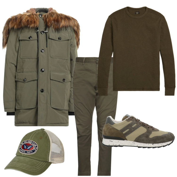 Outfit uomo - Tonalità bosco. Stile Urban per Tutti i giorni. Abbinamento con sneakers, giacche, pantaloni chino, maglieria, cappelli.