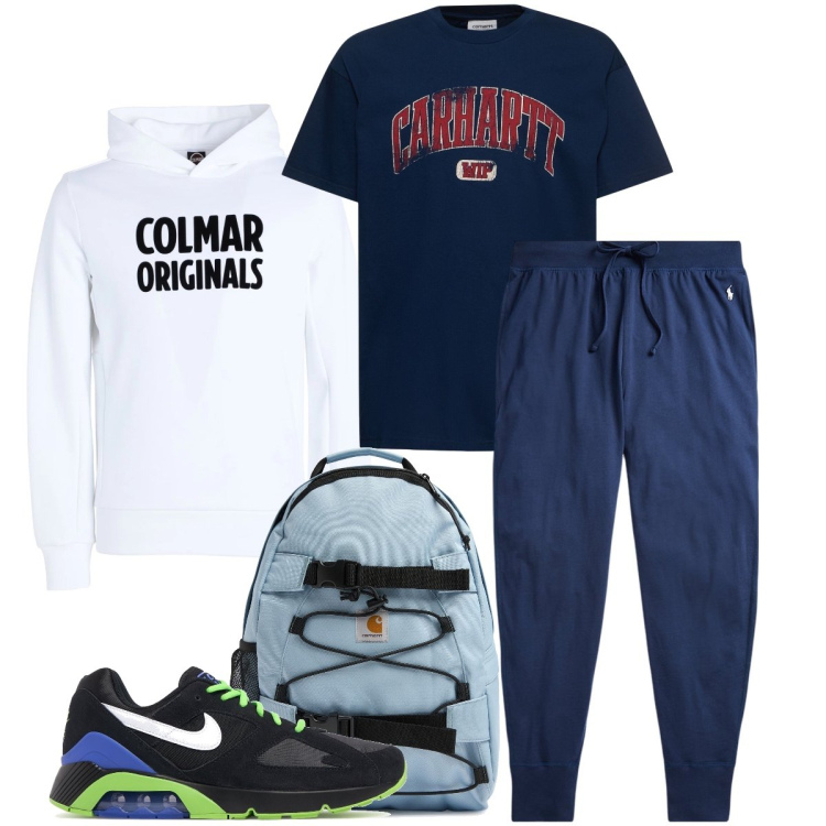 Outfit uomo - Domenica allenamento. Stile Casual per Sport. Abbinamento con felpe con cappuccio, pantaloni, borse sportive, sneakers, t-shirt.