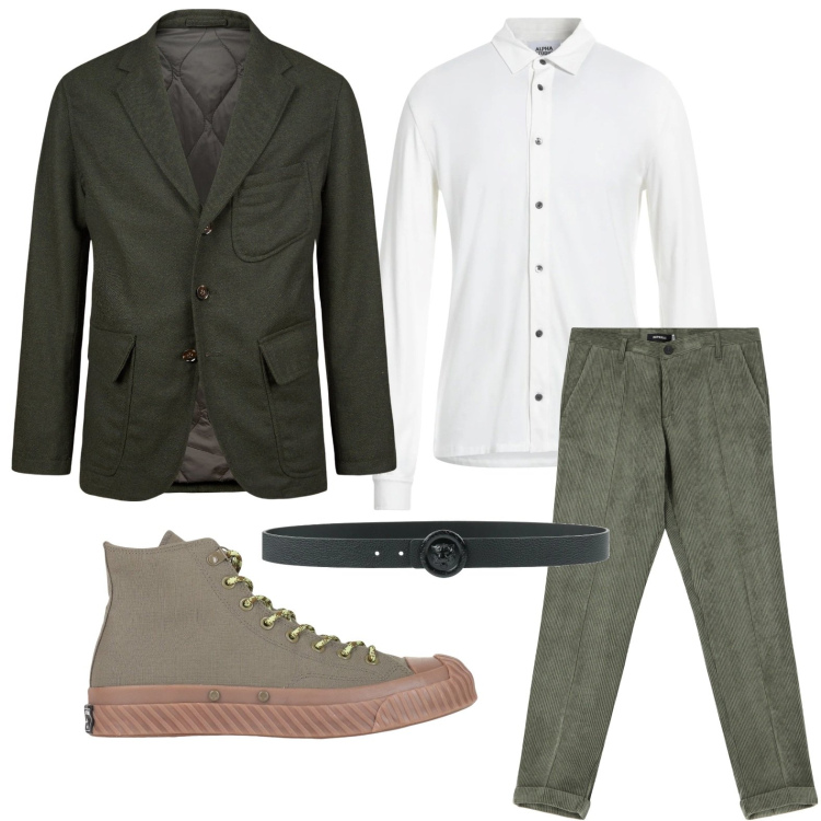 Outfit uomo - Il verde non stanca. Stile Trendy per Tutti i giorni. Abbinamento con sneakers alte, camicie, cinture, pantaloni, giacche.
