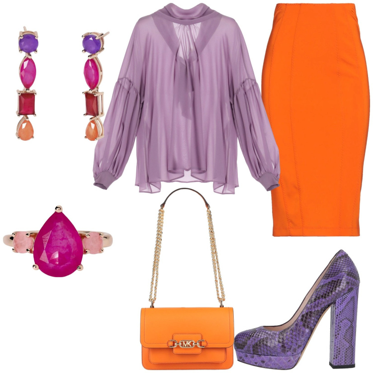 Outfit donna - Scarpe pitonate. Stile Glamour per Serata fuori. Abbinamento con décolleté, borse a spalla, gonne longuette, orecchini, anelli, camicie.