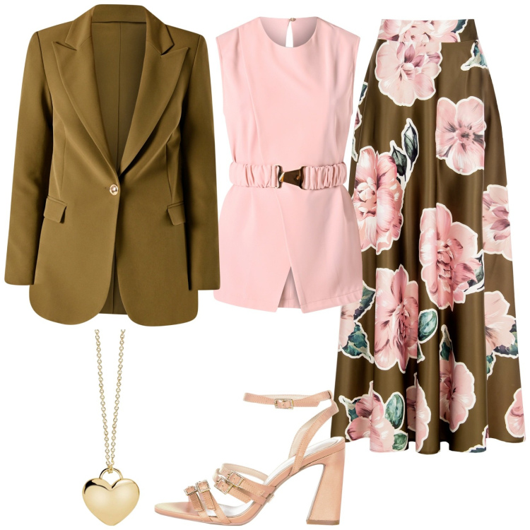 Outfit donna - Gonnellone a fiori. Stile Glamour per Cerimonia. Abbinamento con collane, gonne, bluse, sandali col tacco, blazer.