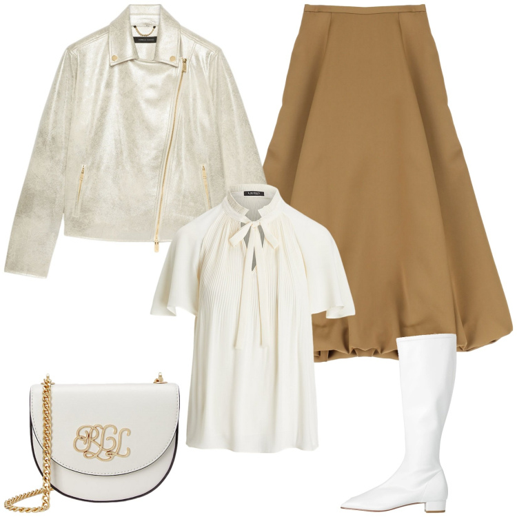 Outfit donna - Il chiodo bianco e dettagli dorati. Stile Boho per Serata fuori. Abbinamento con stivali, gonne longuette, borse a tracolla, camicie, blazer.
