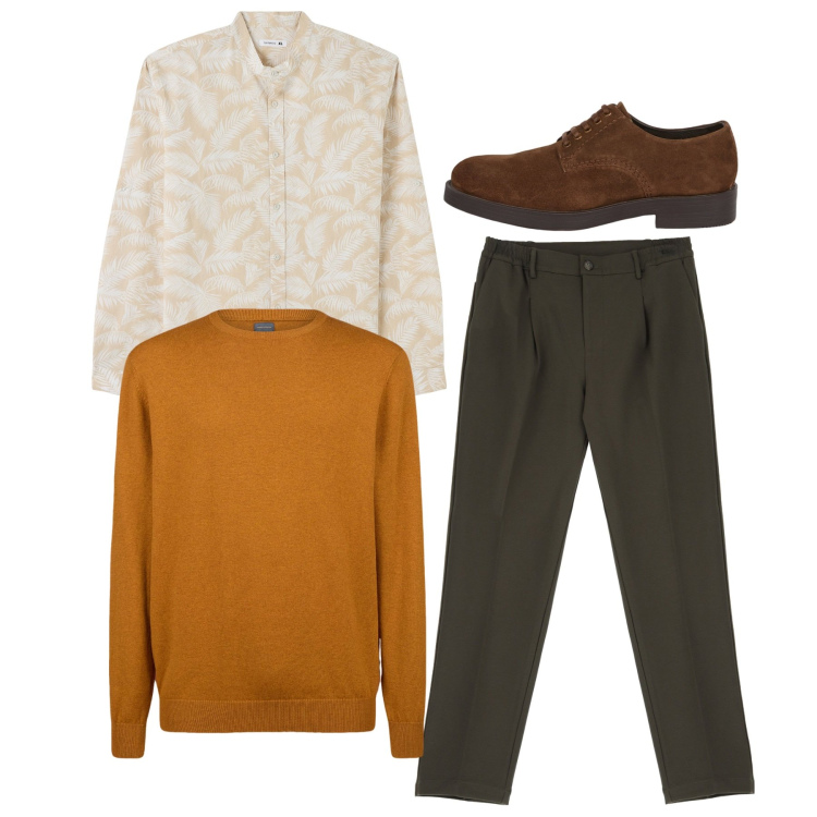 Outfit uomo - Zafferano. Stile Casual per Tutti i giorni. Abbinamento con camicie, pantaloni, maglieria, scarpe stringate.
